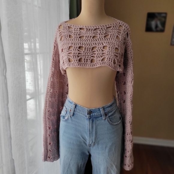 Handmade Tops - Fairycore Crochet Bell Sleeve Shrug Crop Top Arm Warmer - Mauve Pink